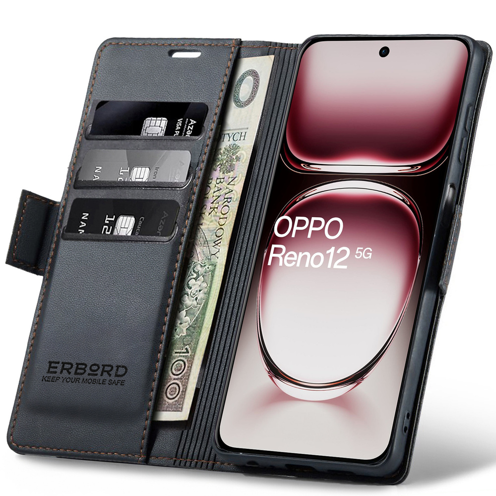 Oppo Reno 12 Hülle, Glänzendes Litschi, Klapphülle Mit Brieftaschenfunktion, Schwarz