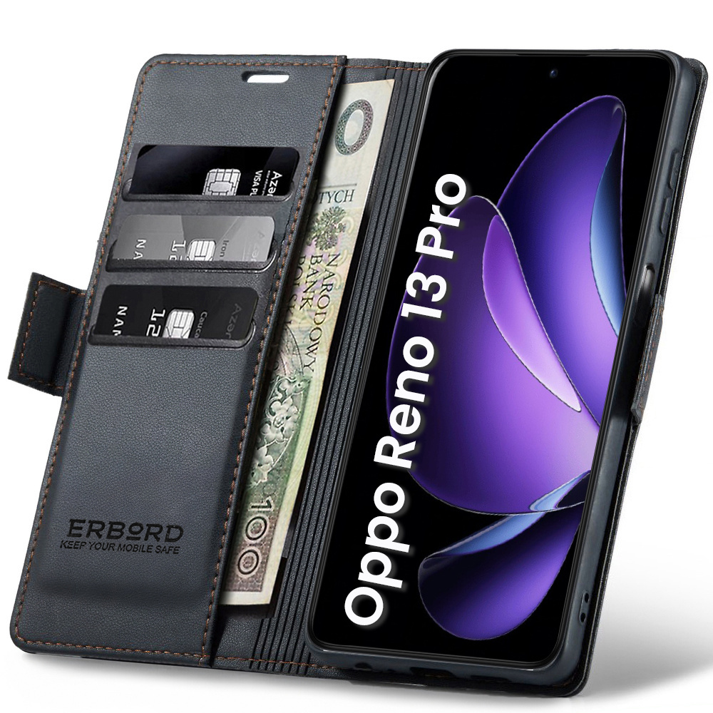 Oppo Reno 13 Pro Hülle, Glänzendes Litschi, Klapphülle Mit Brieftaschenfunktion, Schwarz