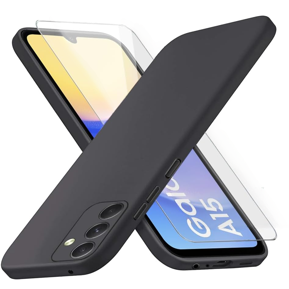Schutzhülle Für Samsung Galaxy A15, Silikon Lite, Schwarz + 9h-glas