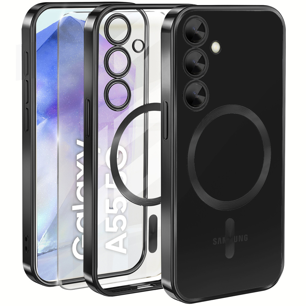 Schutzhülle Für Samsung Galaxy A55 5g, Electro Magsafe, Schwarz + Displayschutzfolie Aus Glas