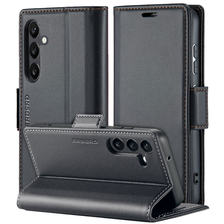 Samsung Galaxy A55 Hülle, Glänzende Litschi-klapphülle, Schwarz
