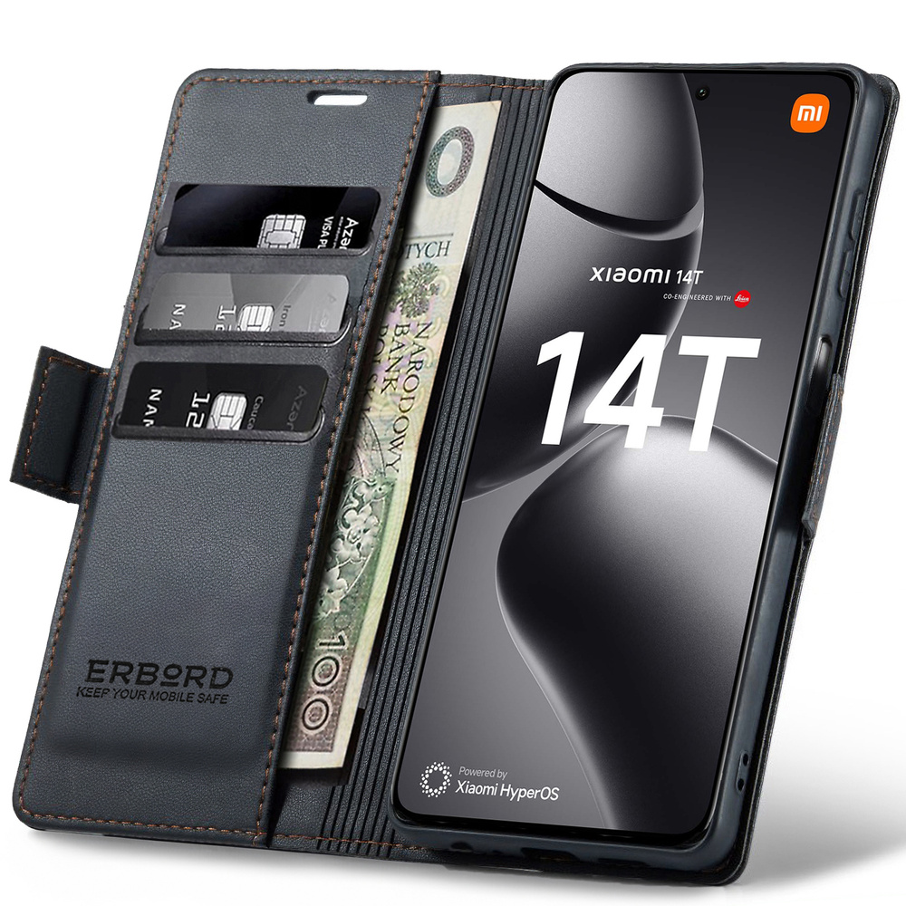 Xiaomi 14t Hülle, Glänzende Litschi-geldbörsenhülle, Klapphülle, Schwarz