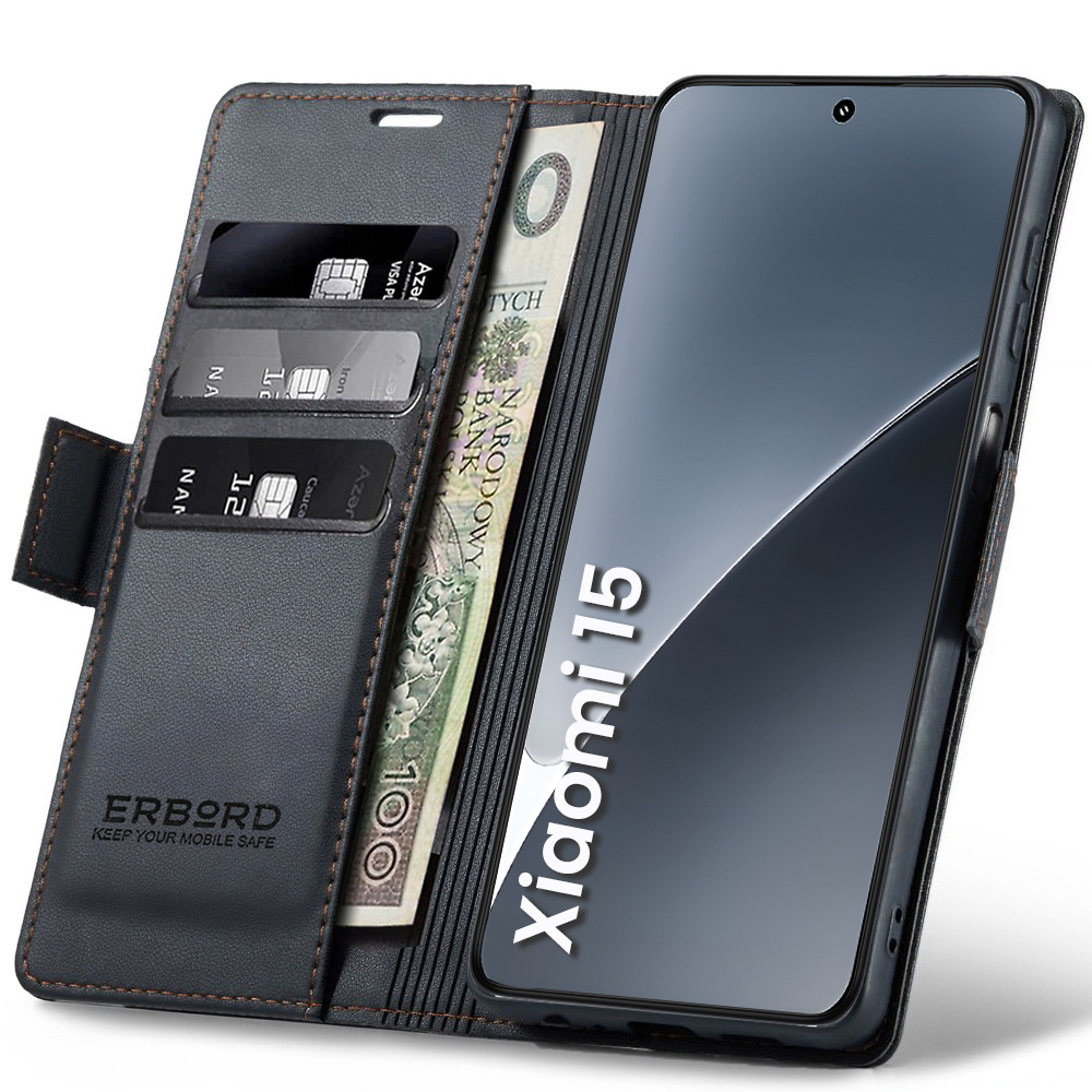 Xiaomi 15 Hülle, Glänzende Litschi-geldbörsenhülle Mit Klappverschluss, Schwarz