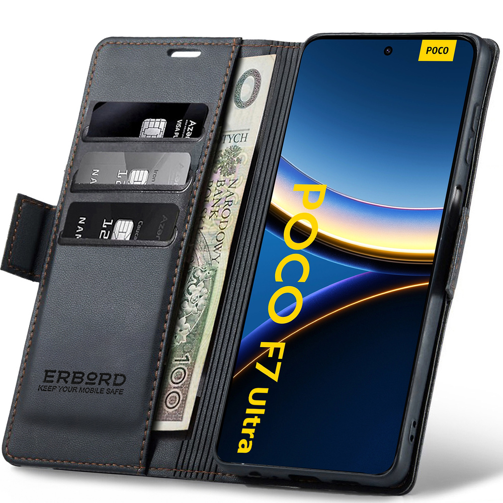 Xiaomi Poco F7 Ultra Hülle, Glänzendes Litschi, Klapphülle, Schwarz