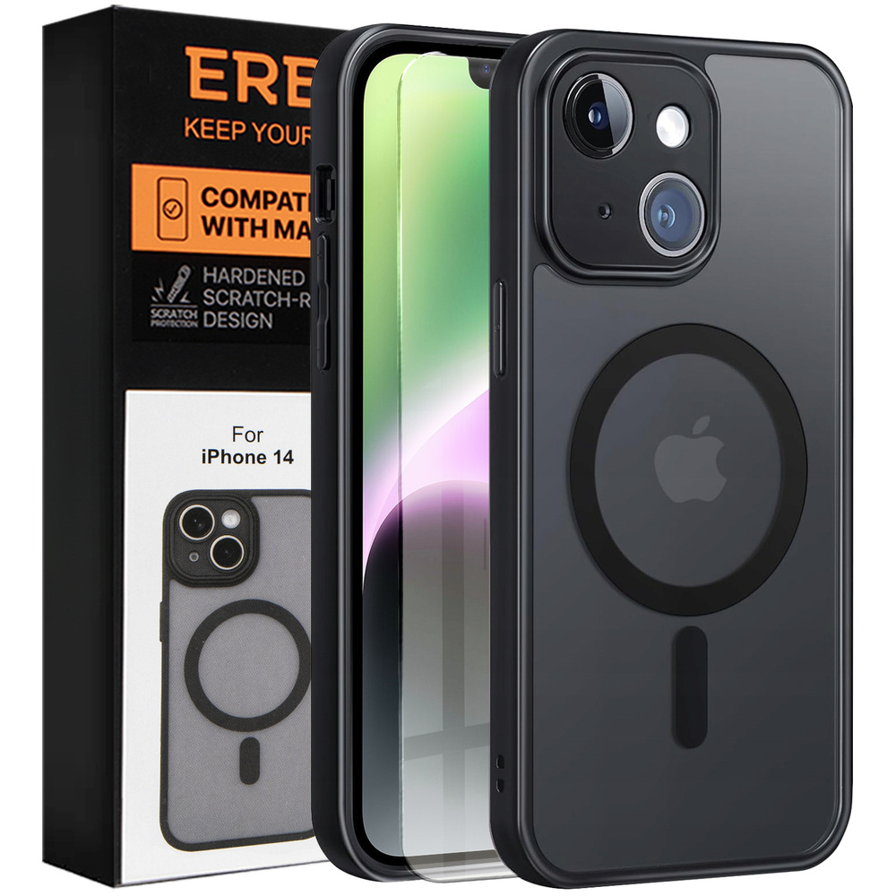 Iphone 14 Hülle, Magsafe, Matt Schwarz + Displayschutzfolie