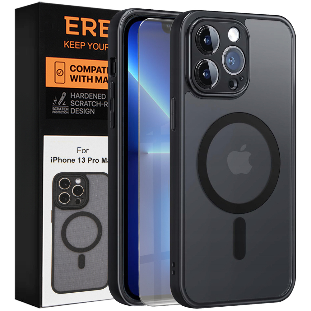Hülle Für Iphone 13 Pro Max, Mit Magsafe, Mattschwarz + Displayschutzfolie Aus Glas