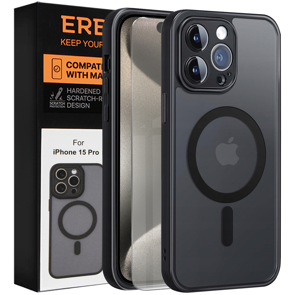 Iphone 15 Pro Hülle, Magsafe, Matt Schwarz + Displayschutzfolie