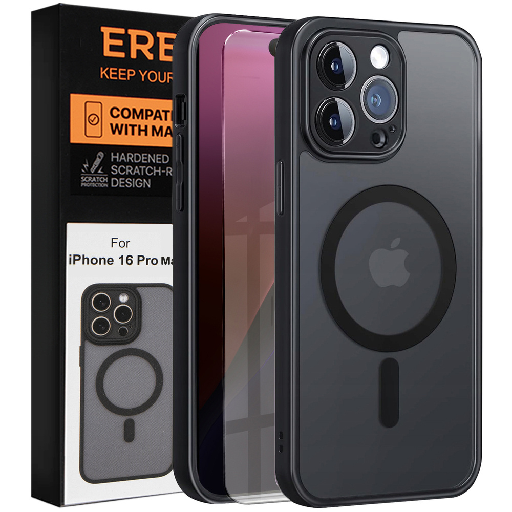 Hülle Für Iphone 16 Pro Max, Mit Magsafe, Mattschwarz + Displayschutzfolie Aus Glas