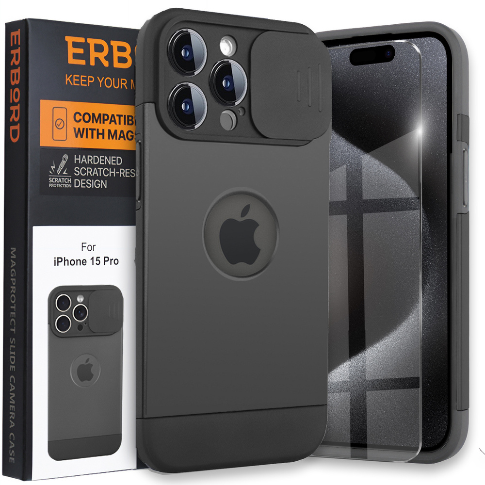 Hülle Für Iphone 15 Pro Max, Erbord Magprotect Cam Slider Für Magsafe, Schwarz + Gehärtetes Glas