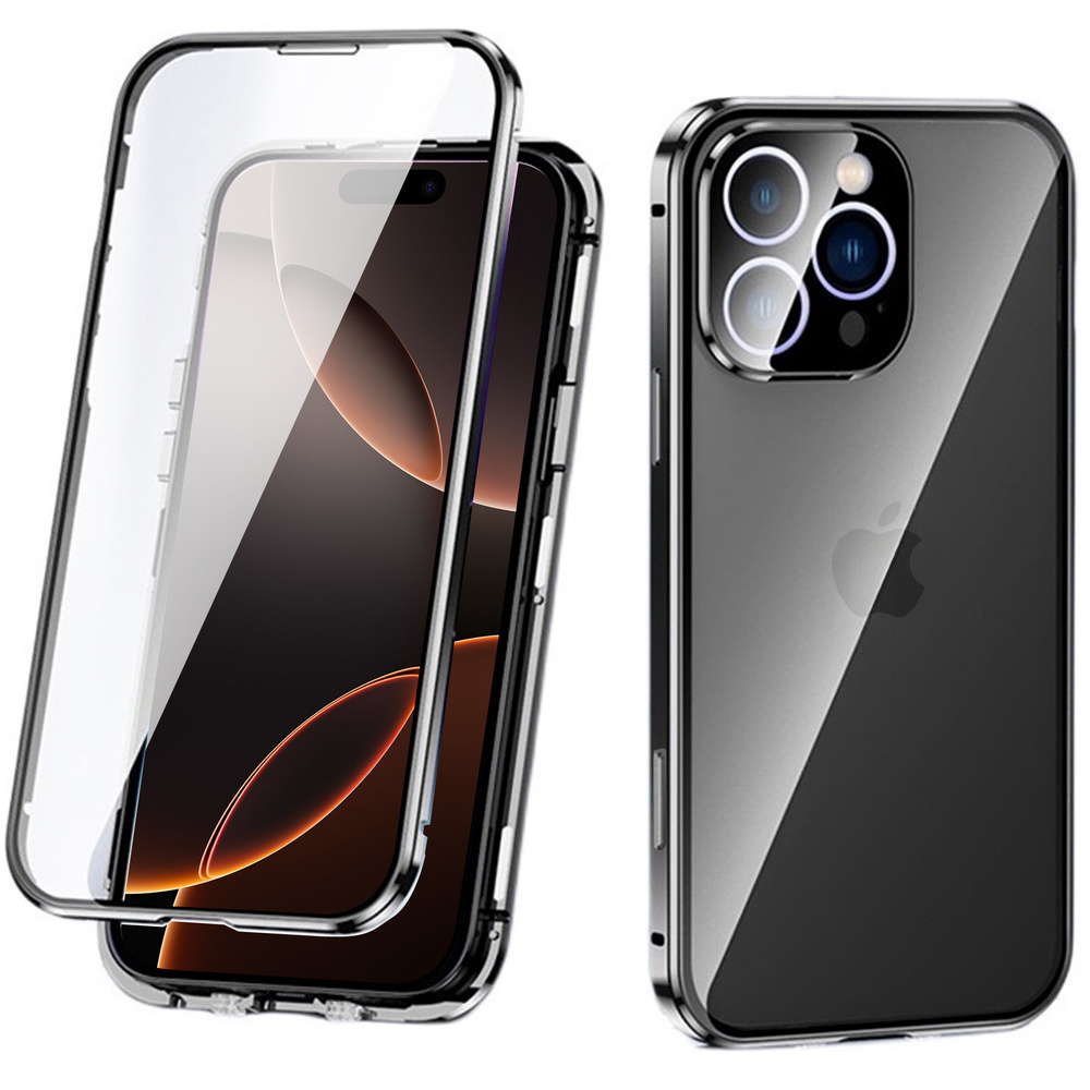 Iphone 16 Pro Max Hülle, Magnetisches Doppelglas, Schwarz