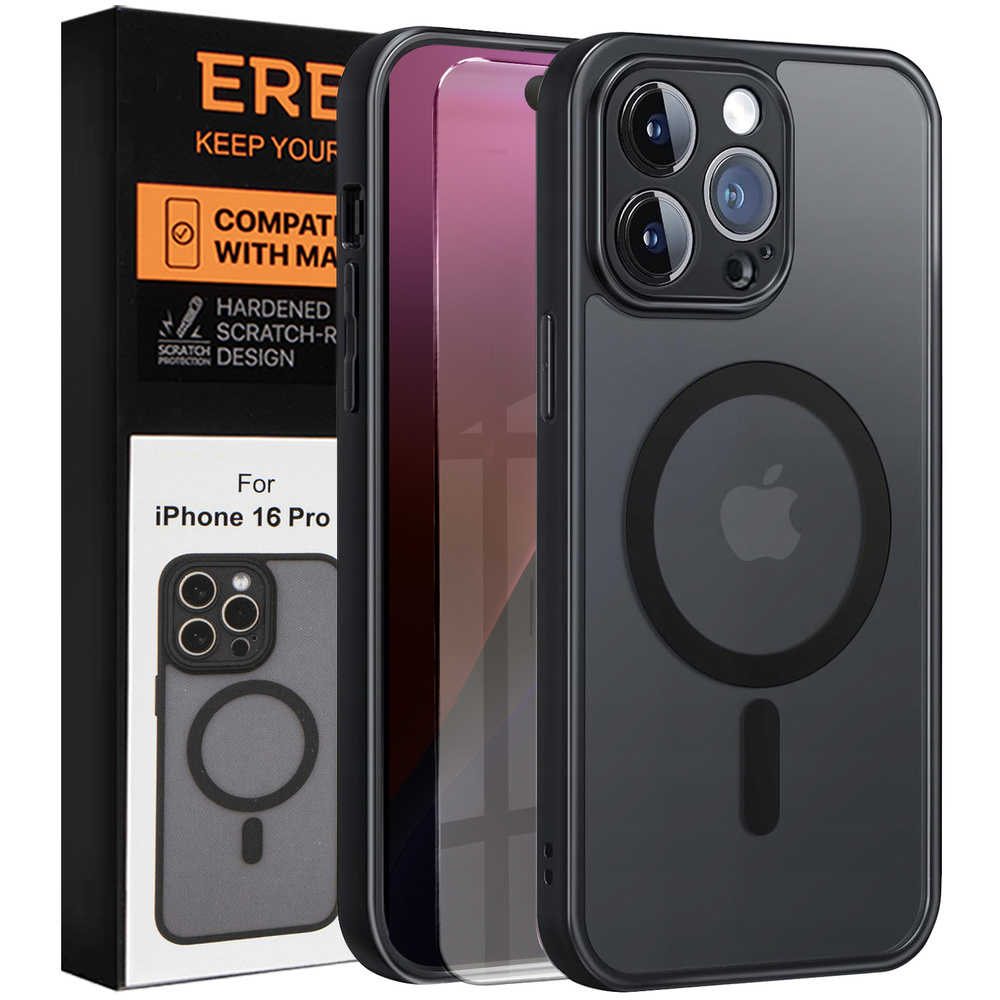 Iphone 16 Pro Hülle, Magsafe-kompatibel, Matte Hülle, Schwarz + Displayschutzfolie