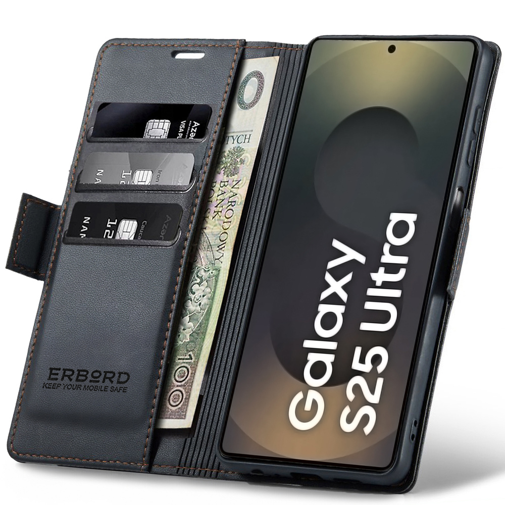 Samsung Galaxy S25 Ultra Hülle, Glänzendes Litschi, Klapphülle, Schwarz