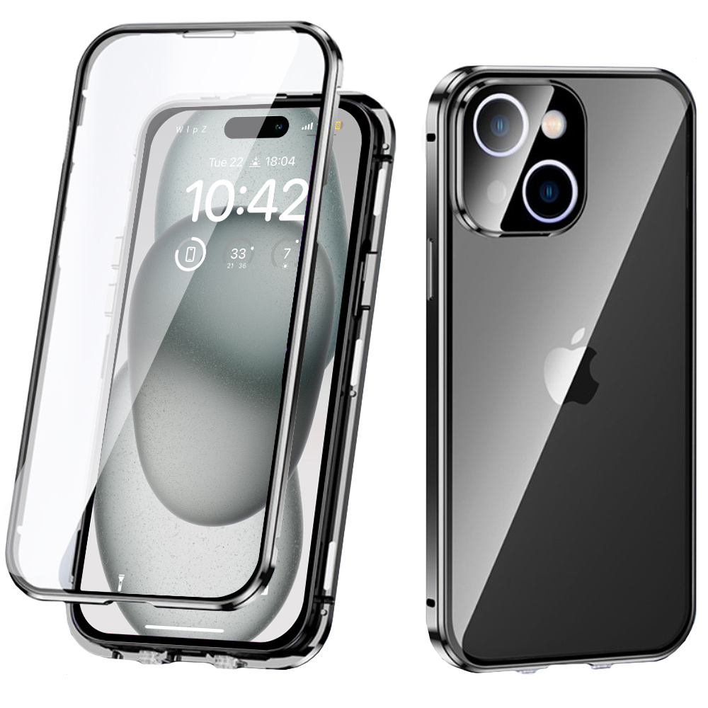 Iphone 15 Hülle, Magnetisches Doppelglas, Schwarz