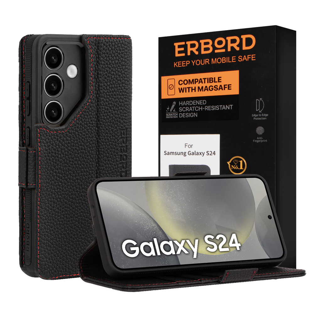 Lederhülle Für Samsung Galaxy S24, Erbord Leatherwallet, Schwarz