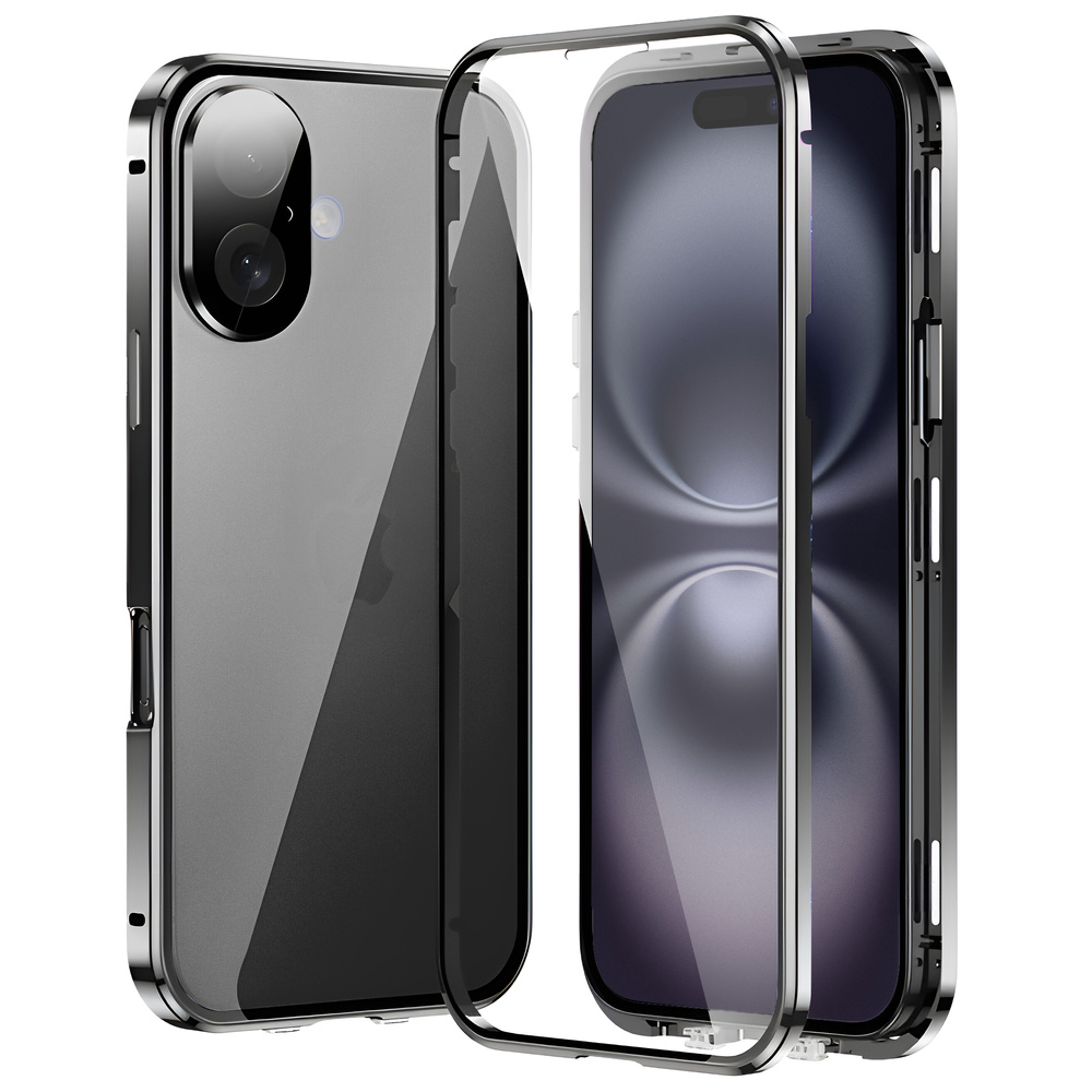 Iphone 16 Hülle, Magnetisches Doppelglas, Schwarz