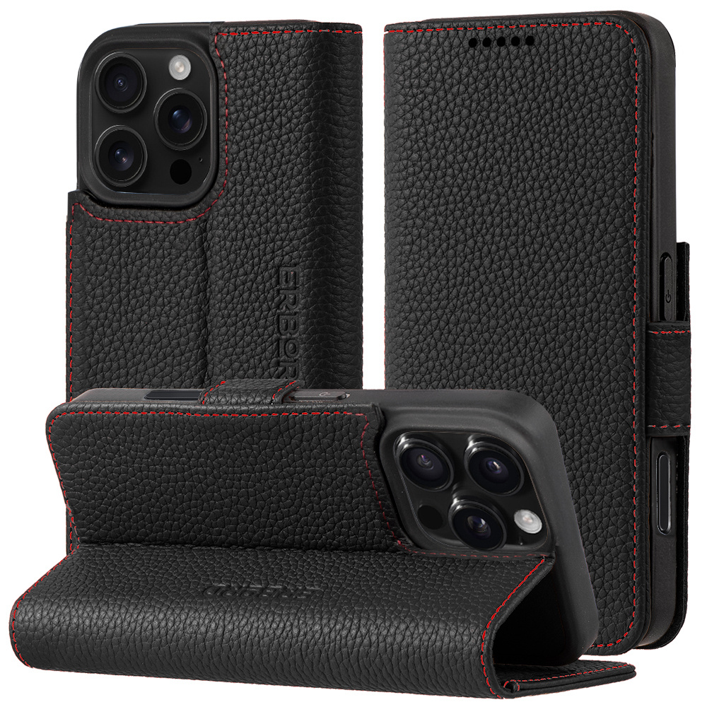 Lederhülle Für Iphone 16 Pro, Brieftaschenmodell Mit Klappe, Schwarz