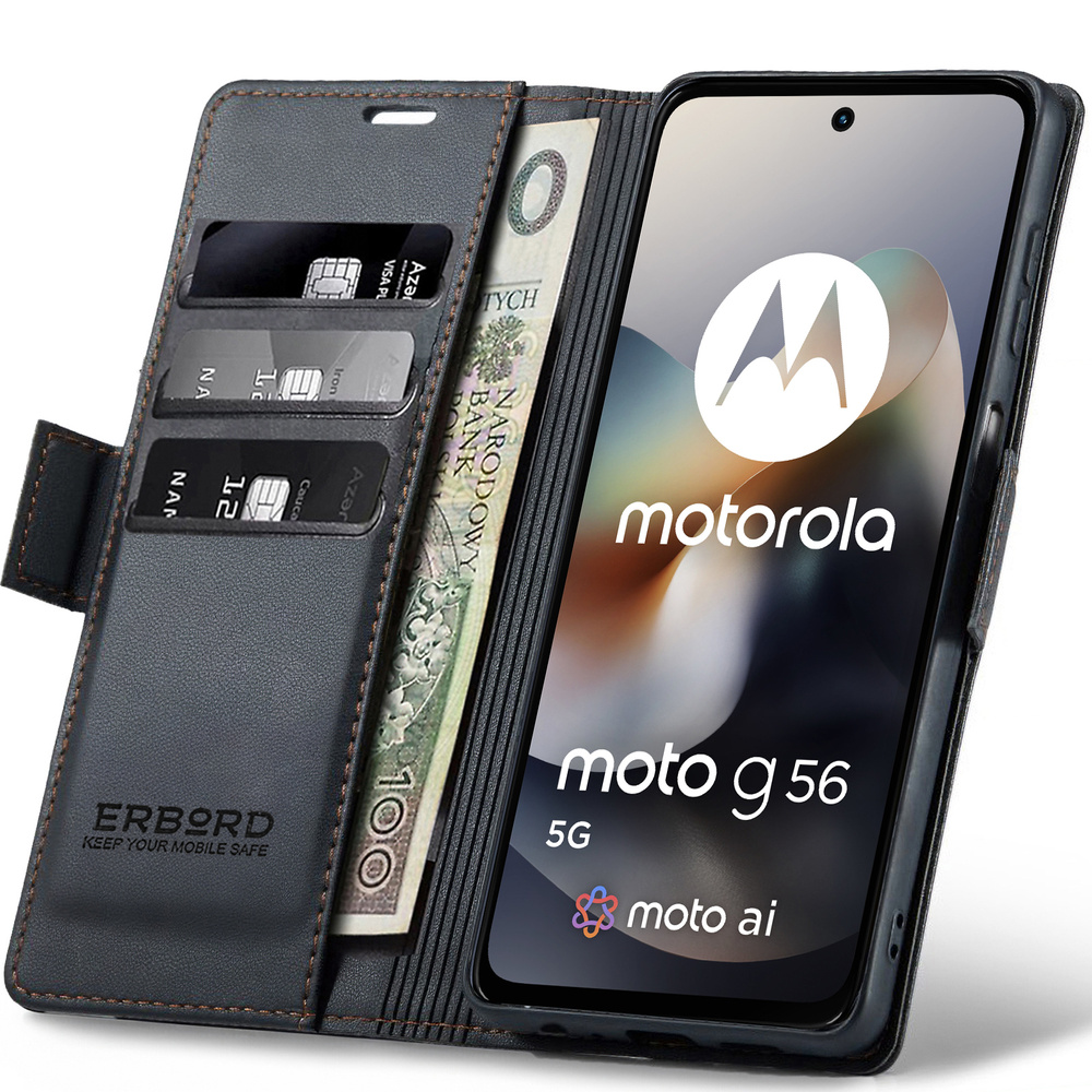 Motorola Moto G56 5g Hülle, Glänzendes Litschi, Klapphülle Mit Brieftaschenfunktion, Schwarz