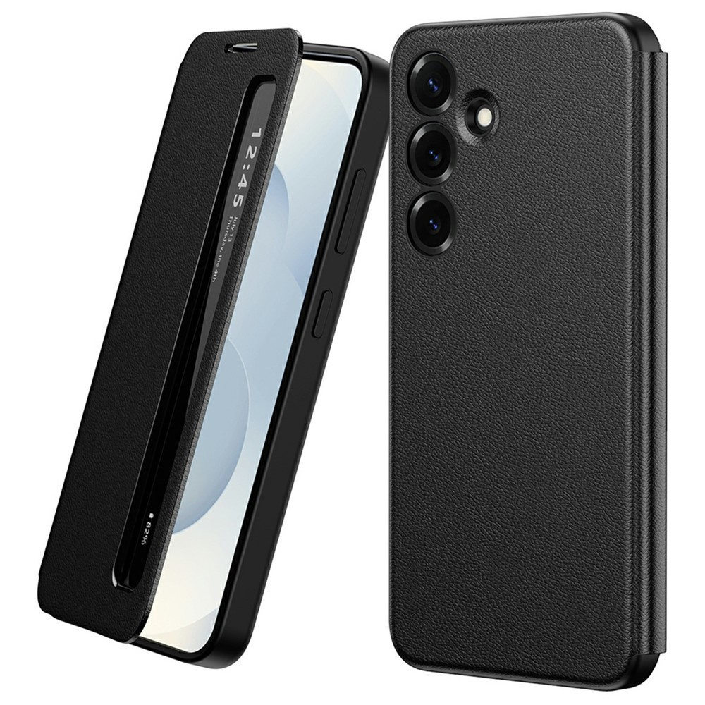 Schutzhülle Für Samsung Galaxy S25 Fe, Smart View Fenster, Leder, Schwarz