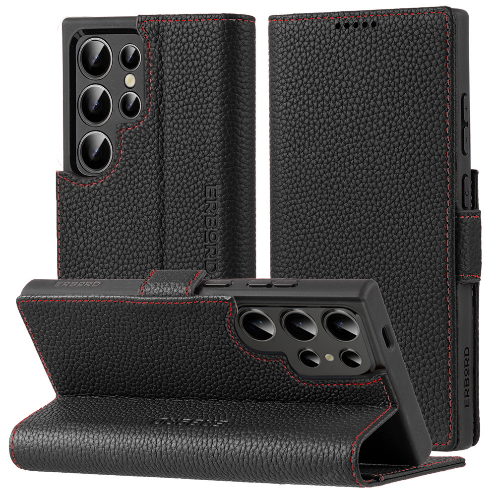 Lederhülle Für Samsung Galaxy S25 Ultra, Erbord Leatherwallet, Schwarz