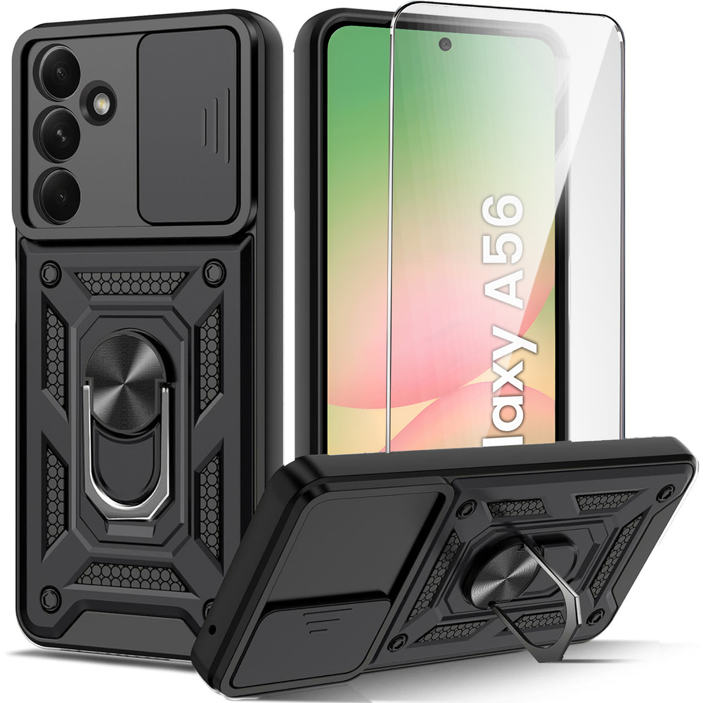 Gepanzertes Gehäuse Für Samsung Galaxy A56 5g, Camshield Slide, Schwarz + 9h-hartglas