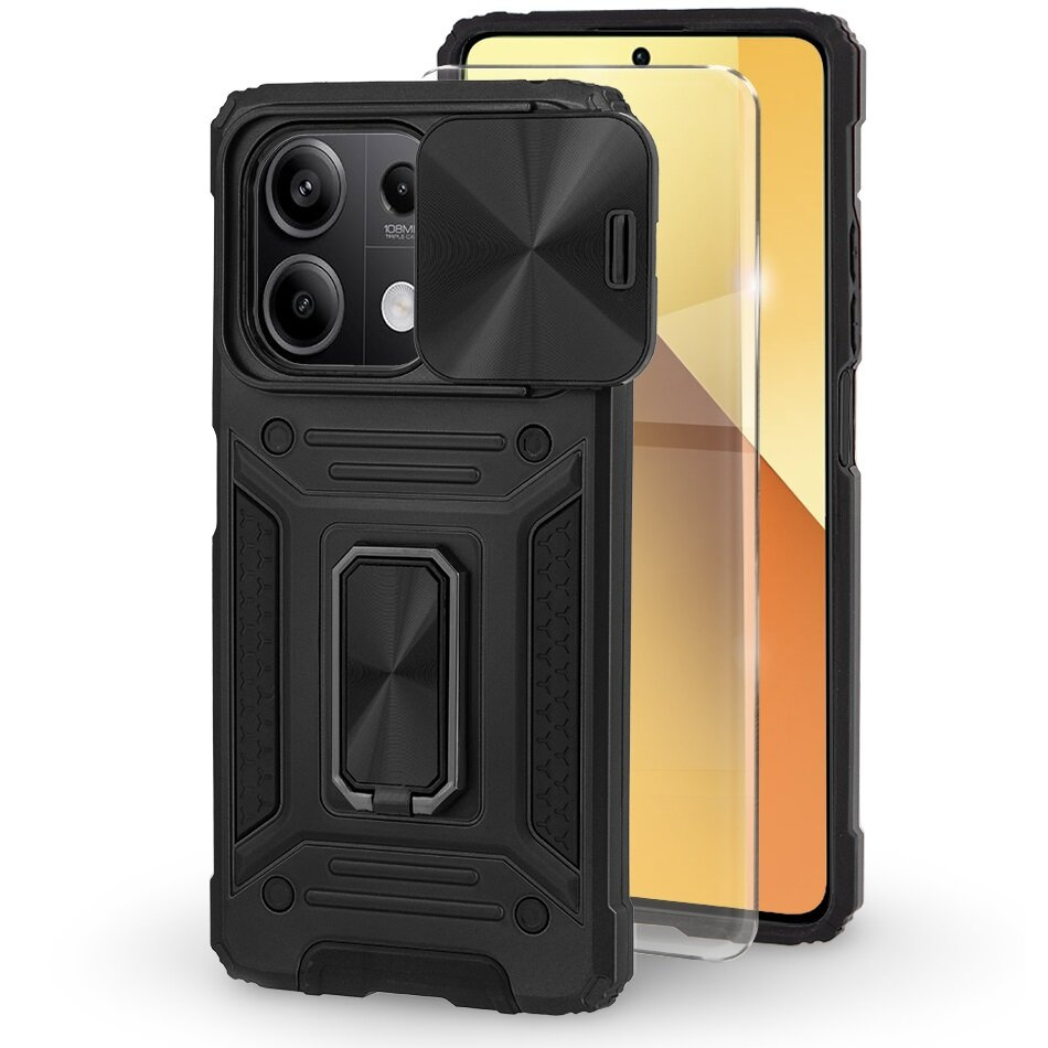 Gepanzertes Gehäuse Für Xiaomi Redmi Note 13 5g, Camshield Slide, Schwarz + 9h-hartglas