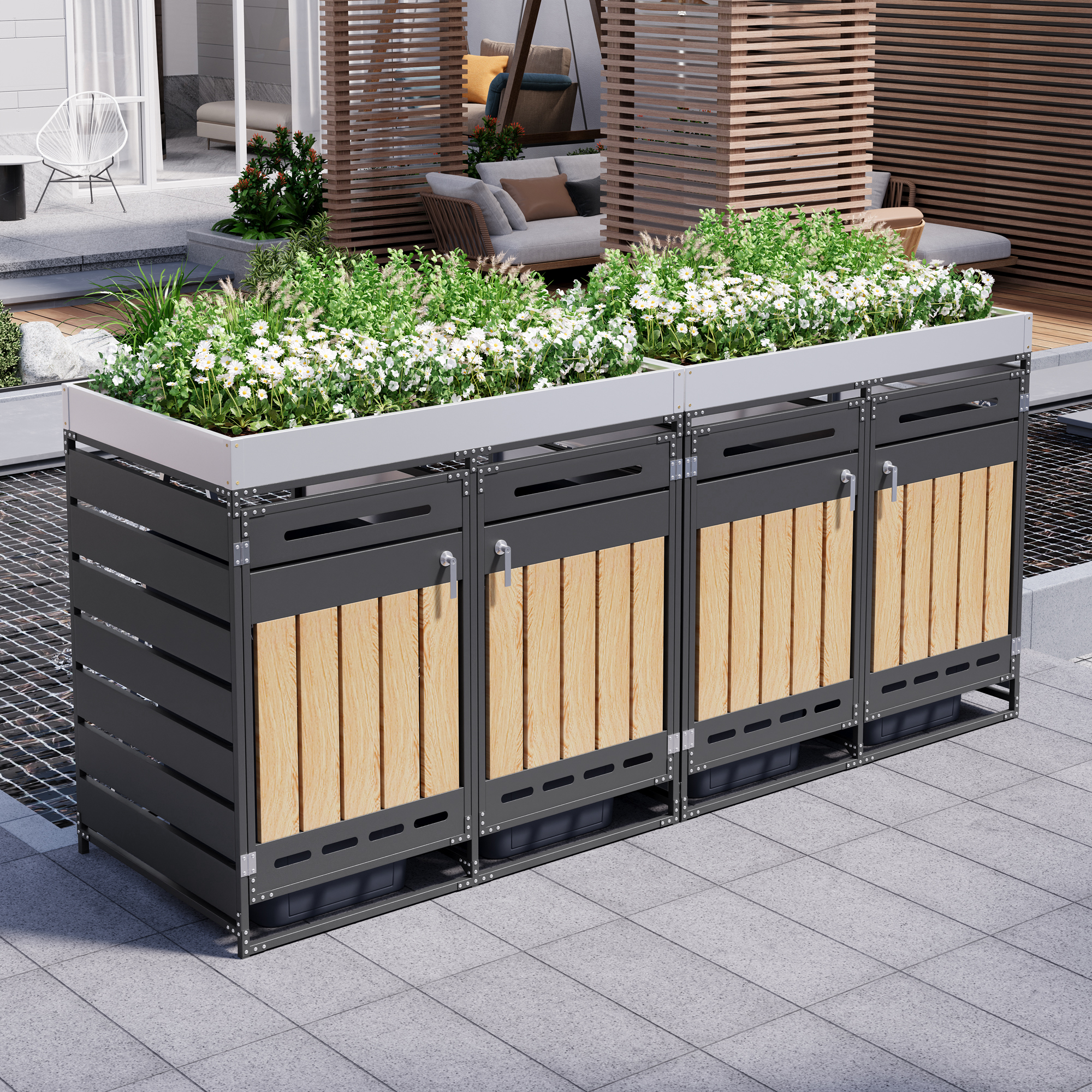 4er-set Mülltonnenbox Mit Pflanzkasten, Vertikale Holzmaserungspaneele, Langlochrissige Belüftung, Eiserner