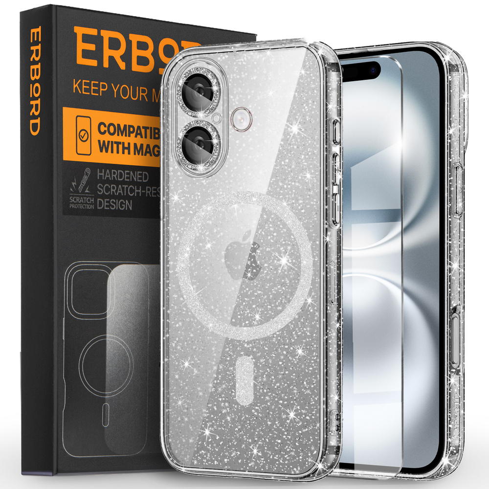 Iphone 16 Hülle, Erbord Glitter Magsafe, Transparent + Glas-displayschutzfolie