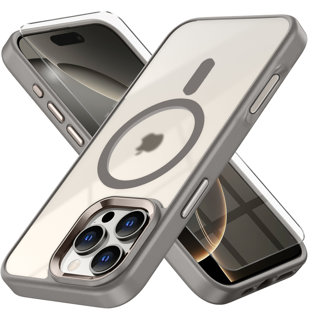Iphone 16 Pro Max Hülle, Magsafe-kompatibel, Matte Hülle, Transparent/titanfarben + Displayschutzfolie