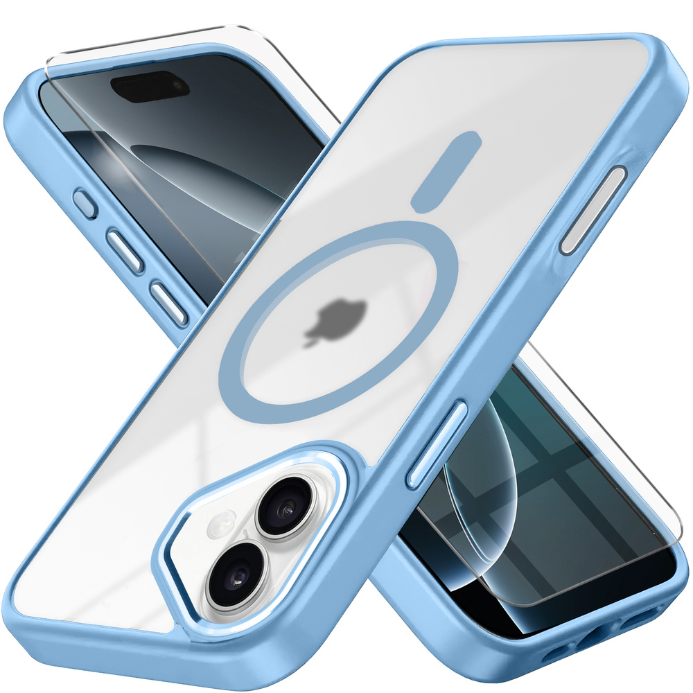 Iphone 16 Hülle, Magsafe-kompatibel, Matte Hülle, Transparent/blau + Displayschutzfolie