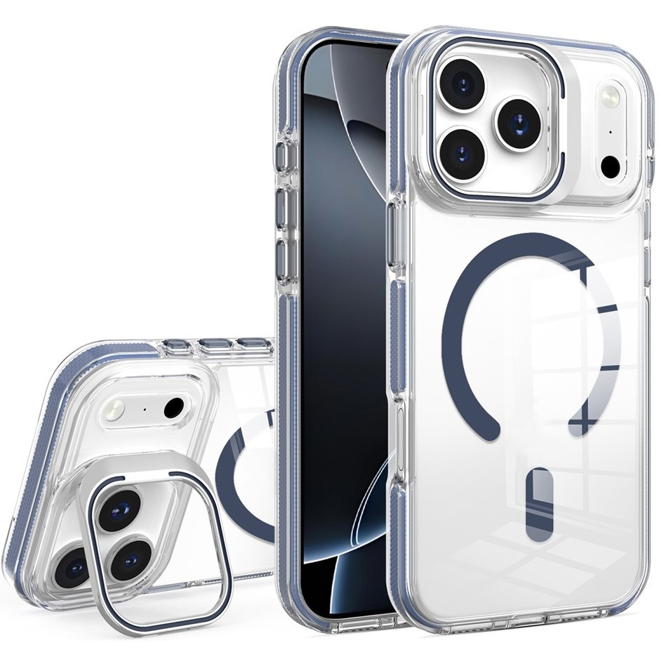 Iphone 17 Pro Max Hülle, Magsafe-kompatibel, Mit Ständer, Transparent Mit Marineblauen Akzenten