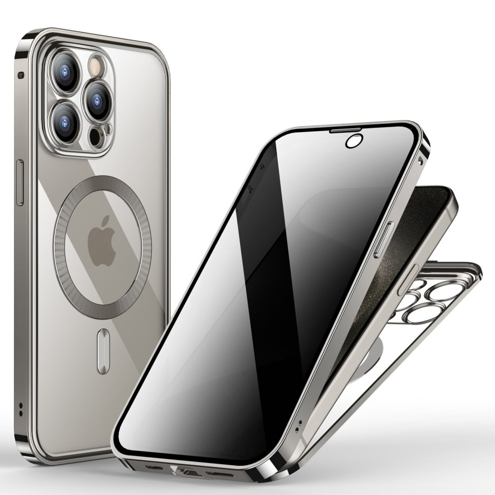 Hülle Für Iphone 15 Pro Max, Sichtschutz Aus Doppeltem Glas, Mit Magsafe-anschluss, Silber