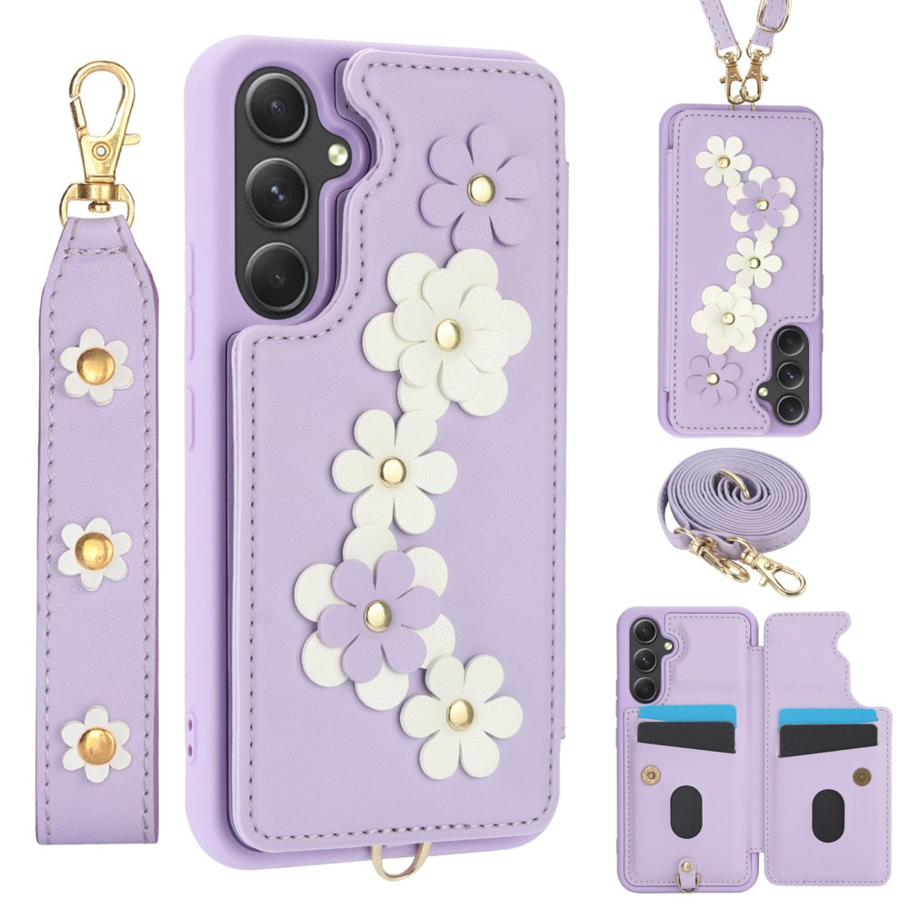 Schutzhülle Für Samsung Galaxy A55 5g, Leder, Blumenmuster, Kartenfach, Lila