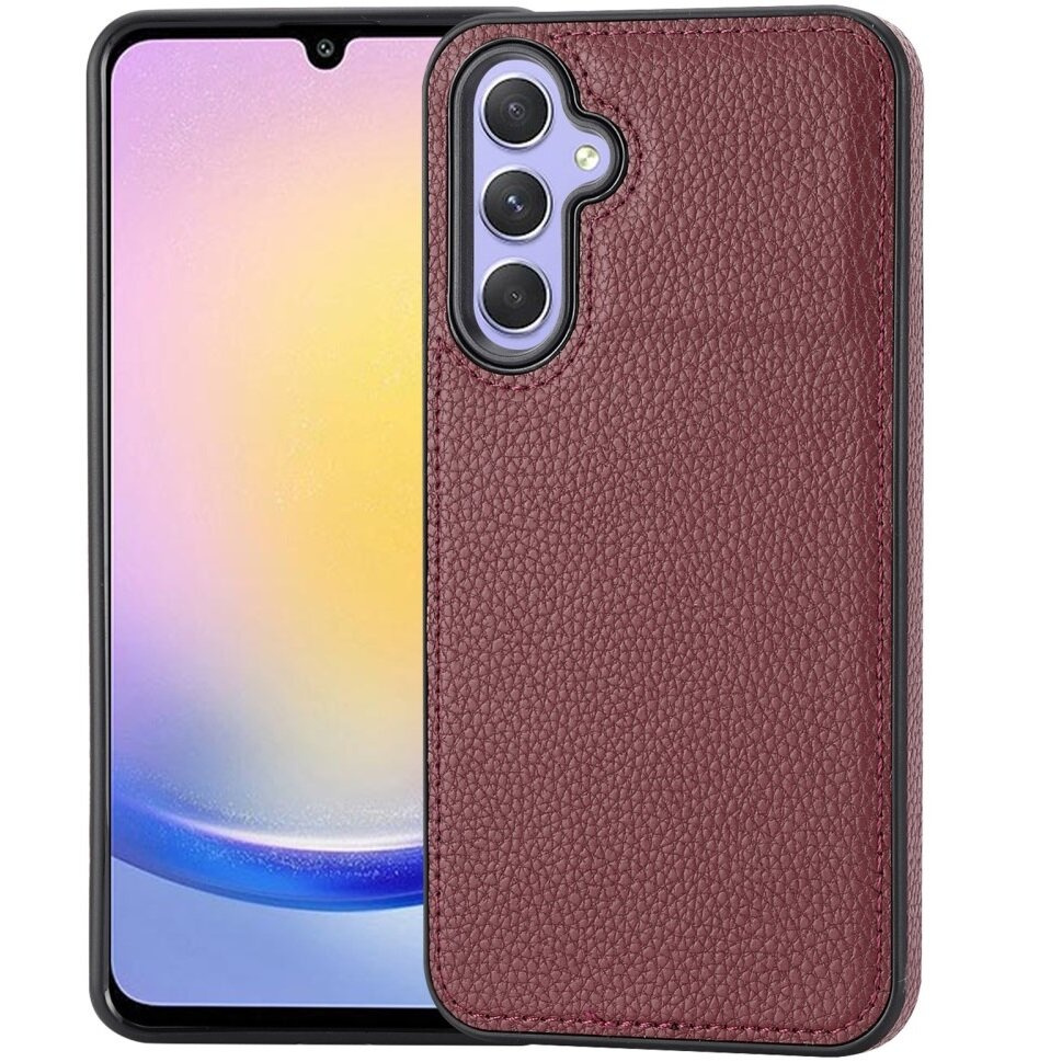 Lederhülle Für Samsung Galaxy A25 5g, Litschi-lederhülle, Bordeauxrot + 9h-glas