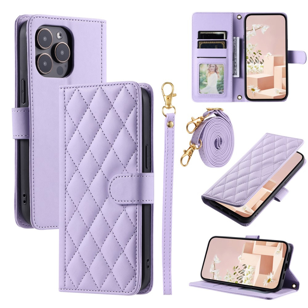 Iphone 16 Pro Rhombus Crossbody Leder-klapphülle, Lila