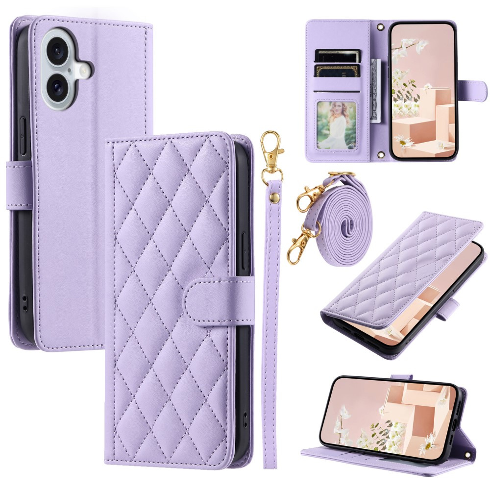 Iphone 16 Plus Rhombus Crossbody Leder-klapphülle, Lila