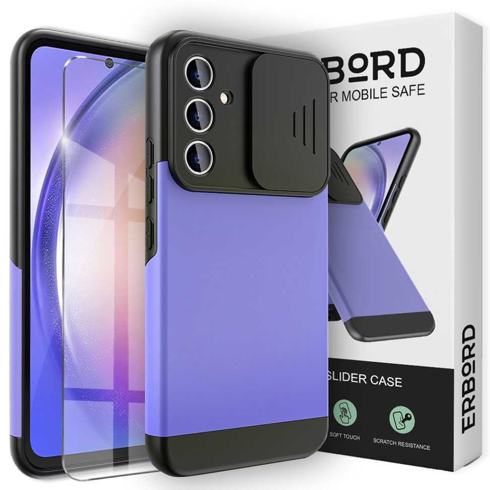 Schutzhülle Für Samsung Galaxy A54 5g, Mit Cam-slider, Lila + Gehärtetes Glas