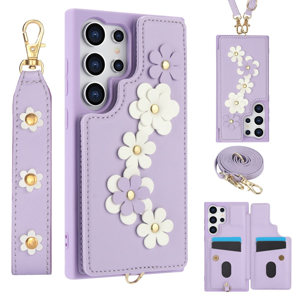 Samsung Galaxy S24 Ultra Lederhülle Mit Blumenmuster Und Kartenfach, Lila