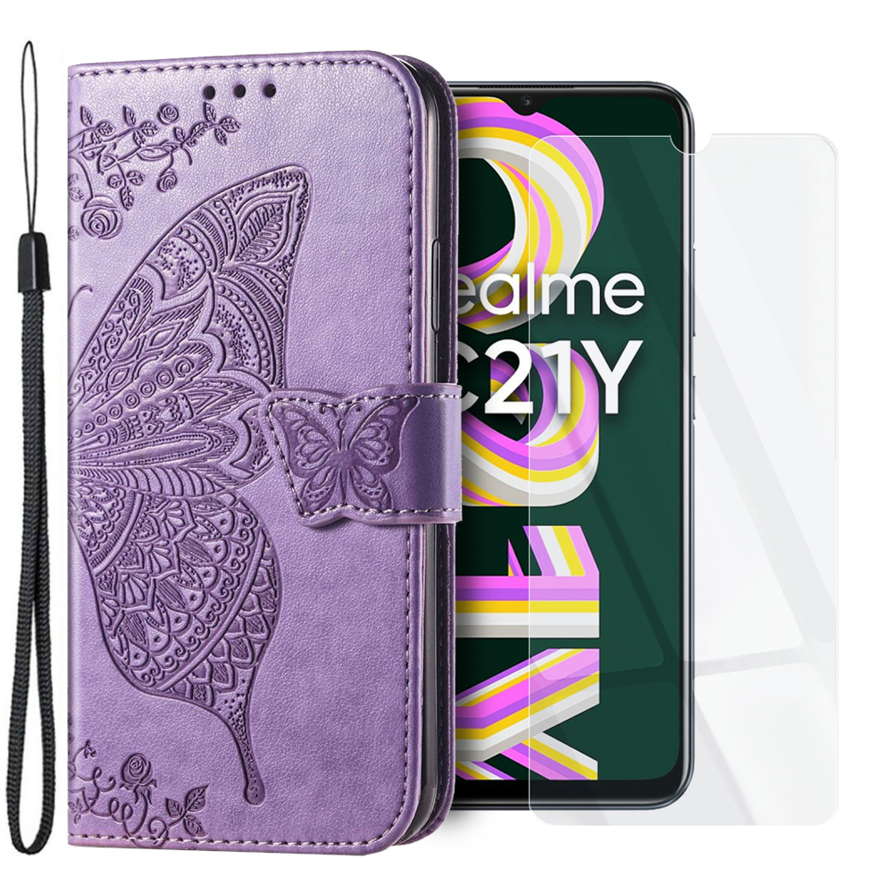 Realme C21y / C25y Flip Case Set, Schmetterling, Lila + Glas