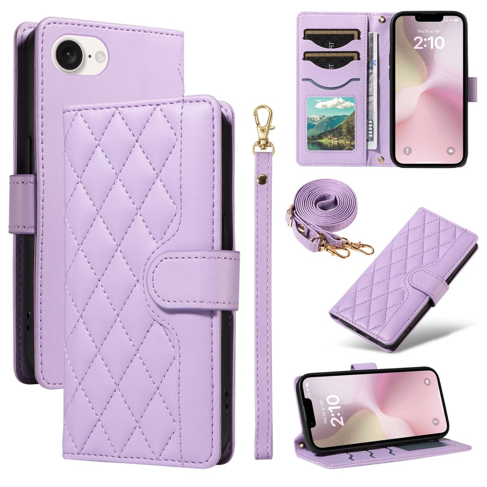 Iphone 17e / 16e Rhombus Crossbody Leder-klapphülle, Lila