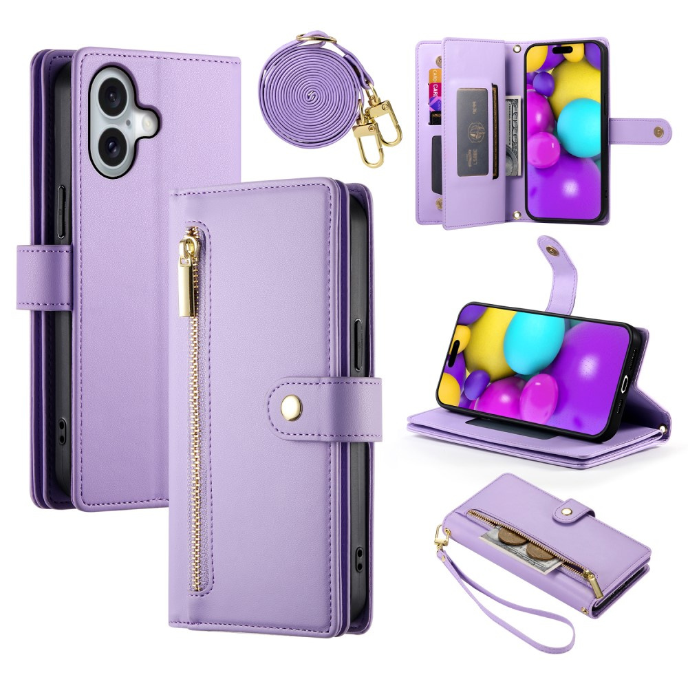 Iphone 16 Plus Klapphülle, Brieftasche Mit Reißverschlussfach, Lila