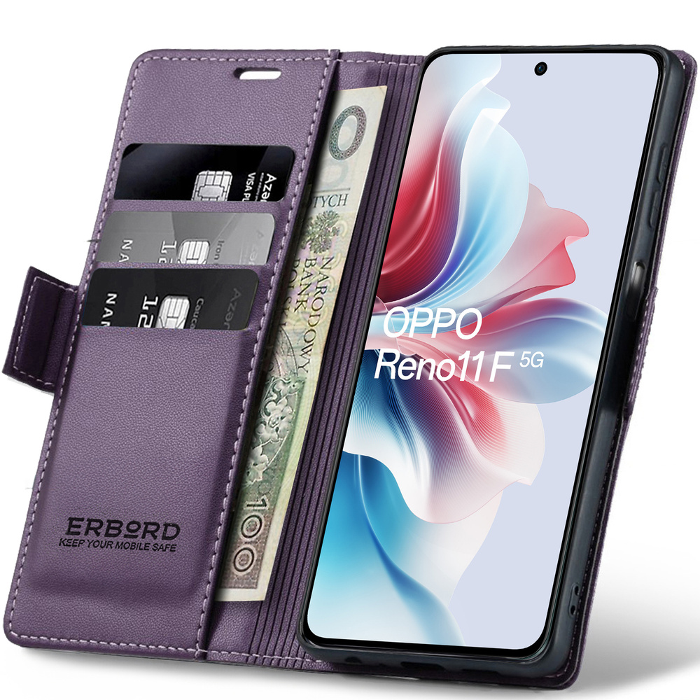 Oppo Reno 11f Hülle, Glänzendes Litschi, Klapphülle, Lila