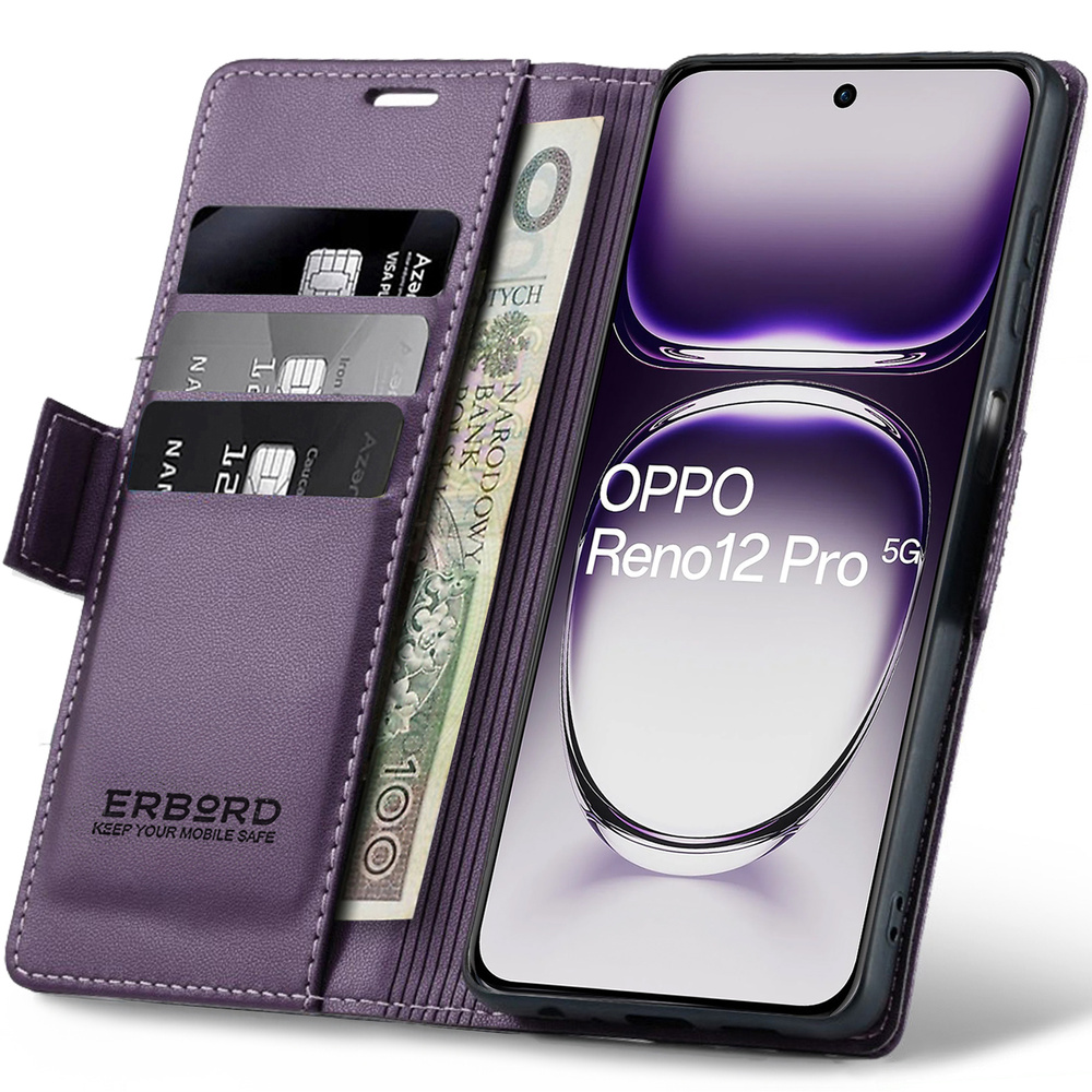 Oppo Reno 12 Pro Hülle, Glänzendes Litschi, Klapphülle Mit Brieftaschenfunktion, Lila