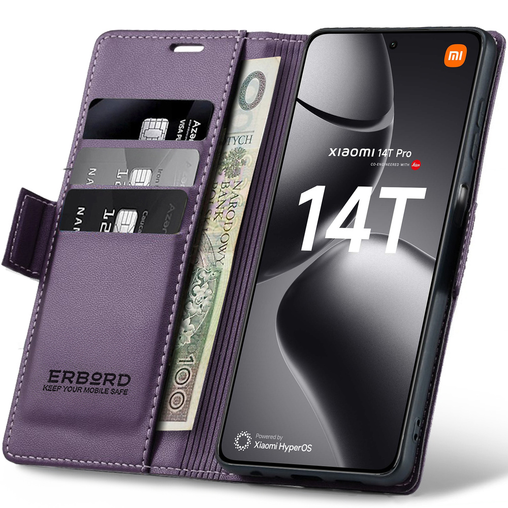 Xiaomi 14t Pro Hülle, Glänzende Litschi-wallet-hülle Mit Klappverschluss, Lila