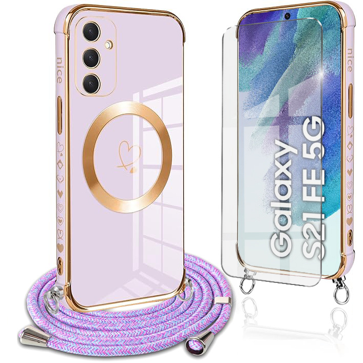 Samsung Galaxy S21 Fe Hülle, Electro Heart Magsafe, Lila + Displayschutzfolie Aus Glas + Trageschlaufe