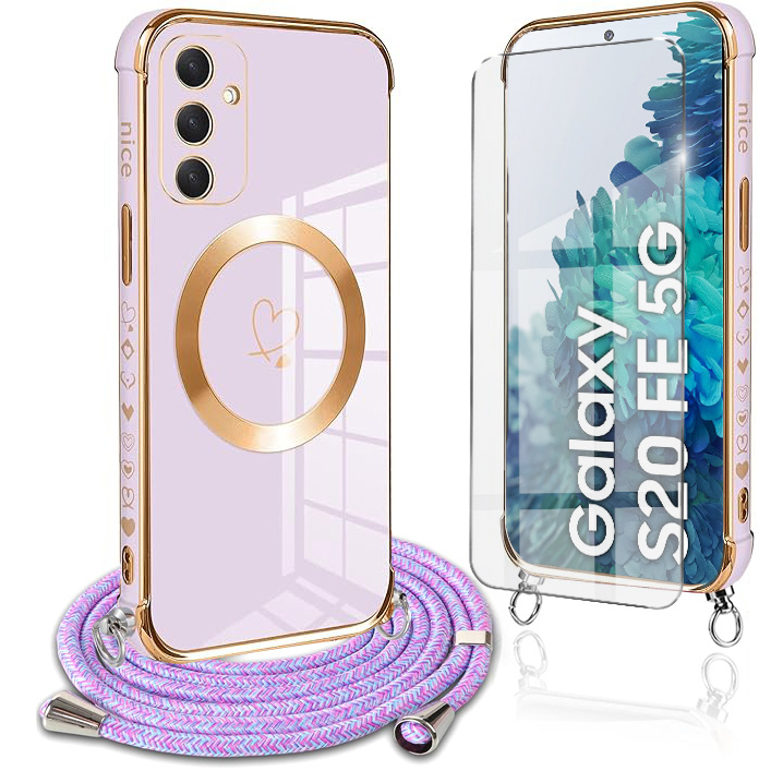 Samsung Galaxy S20 Fe Hülle, Electro Heart Magsafe, Lila + Displayschutzfolie Aus Glas + Trageschlaufe