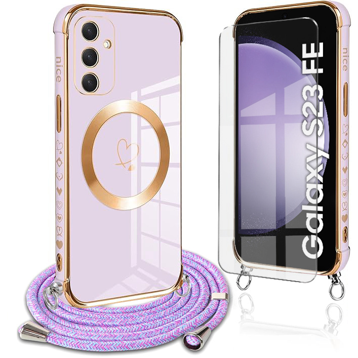 Samsung Galaxy S23 Fe Hülle, Electro Heart Magsafe, Lila + Displayschutzfolie Aus Glas + Trageschlaufe