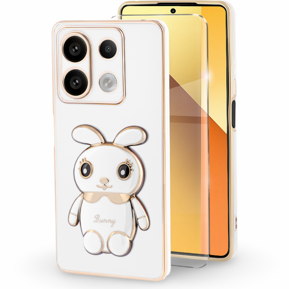 Schutzhülle Für Xiaomi Redmi Note 13 5g, Hasenmotiv, Weiß + 9h-schutzglas