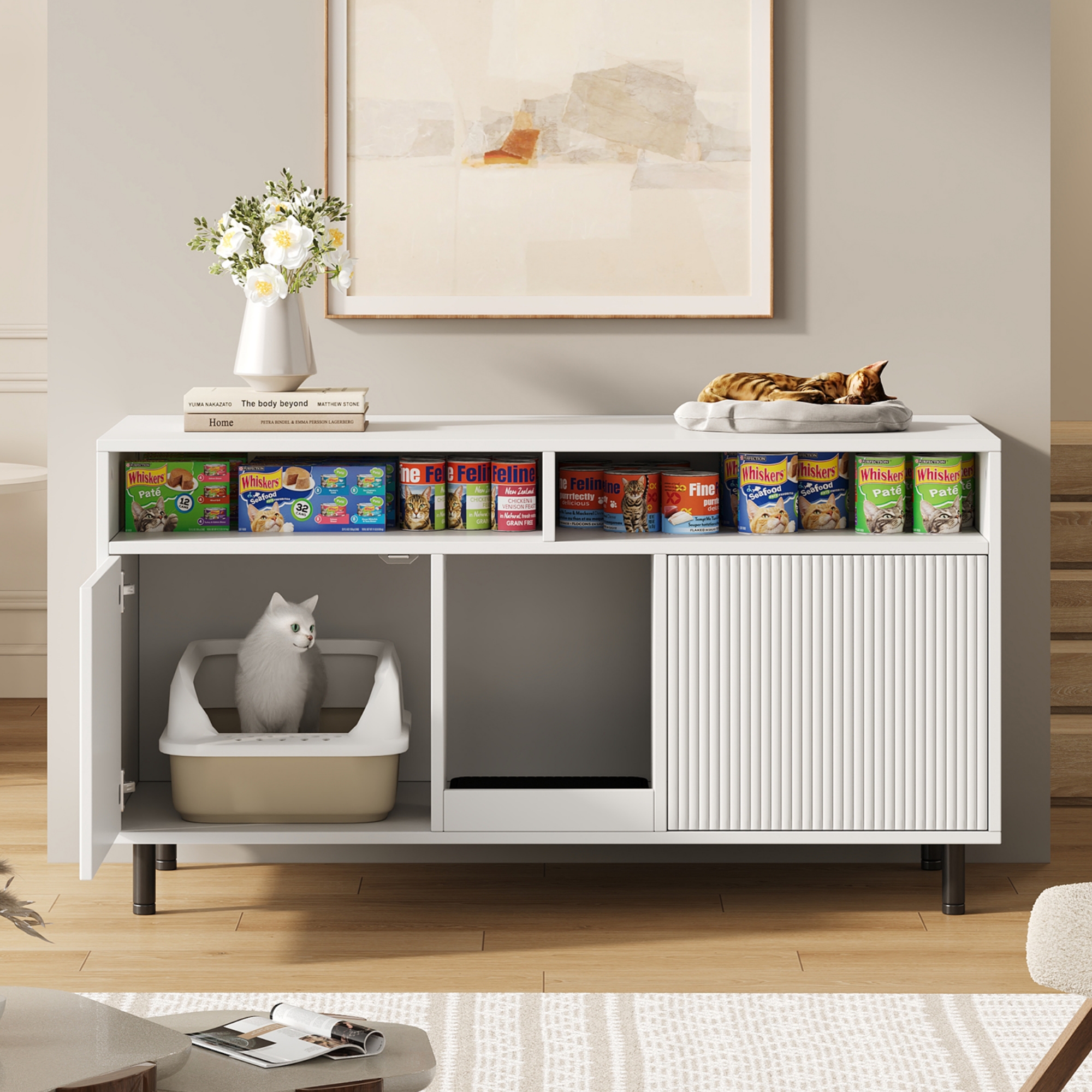 Katzentoiletten-schrank Mit Sandauffangmatte, Haustier-sideboard Mit Ablage, Für 2 Katzenklos, 120x50x66 Cm, Weiß