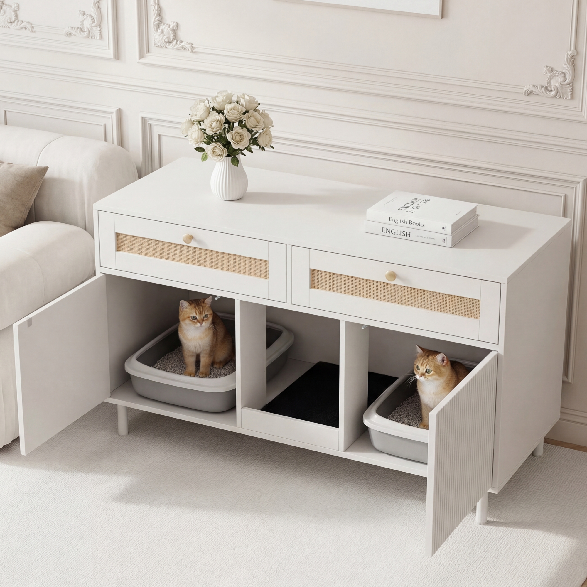 Katzentoilettenschrank Mit Katzenstreufangmatte, Haustierschrank Mit Rattanschublade, 120x50x65 Cm, Weiß