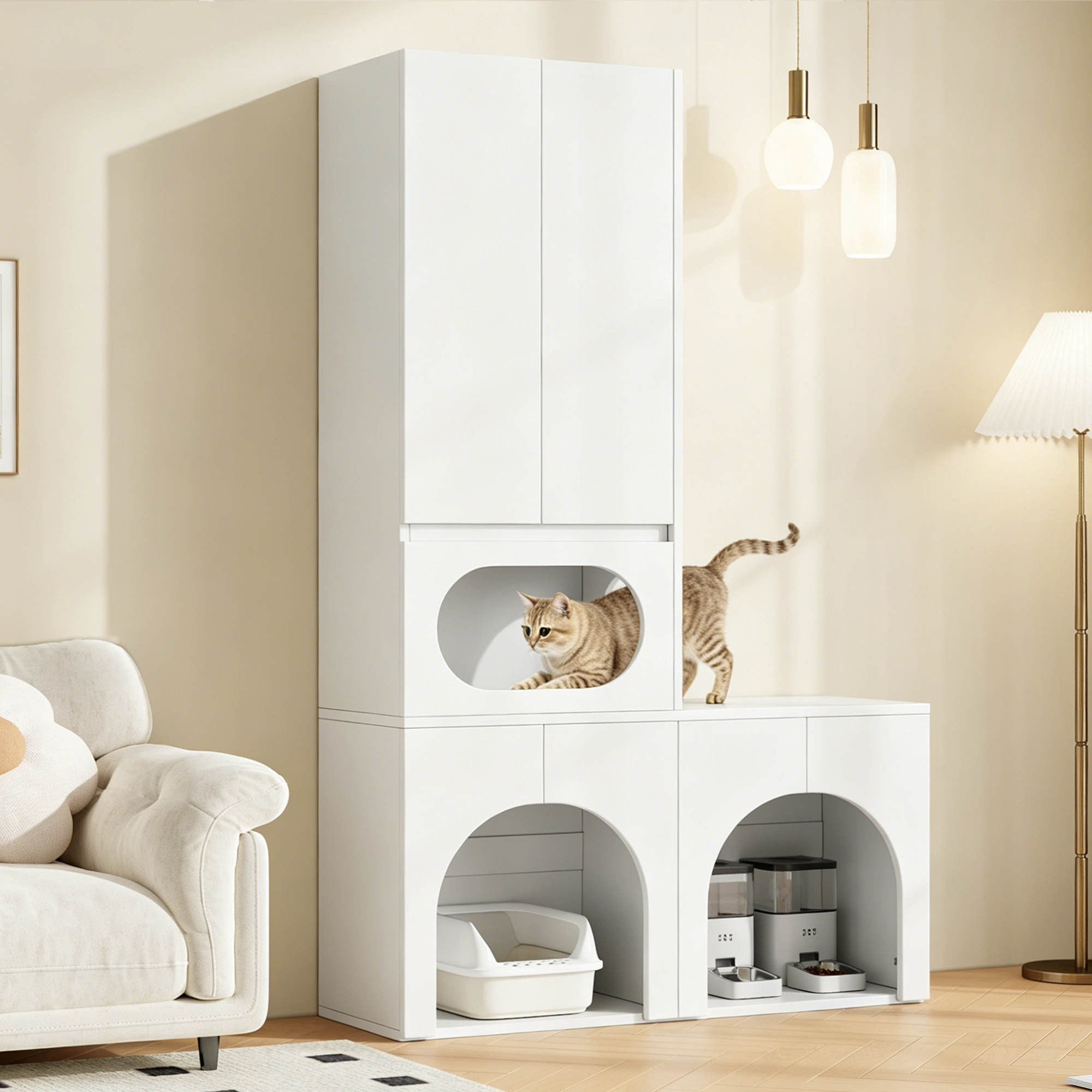Katzentoilettenschrank, Haustier-hochschrank Für 2 Katzentoiletten, Mit Kratzsäule Und Ruhebereich, 140x45x195 Cm, Weiß
